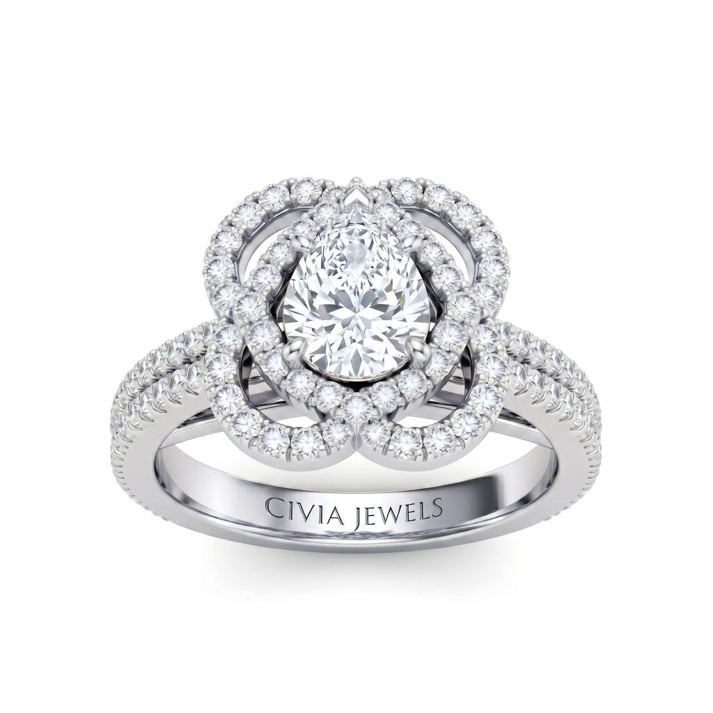 White Gold Pear Diamond Halo Engagement Ring With Pavé Band