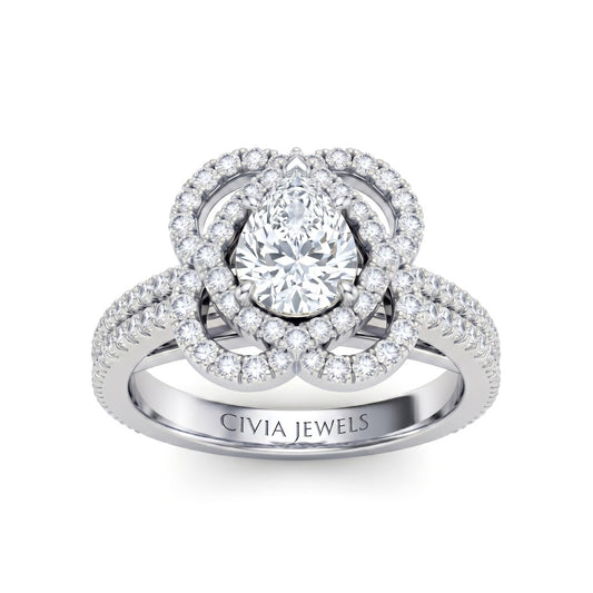 Silver Pear Diamond Halo Engagement Ring With Pavé Band