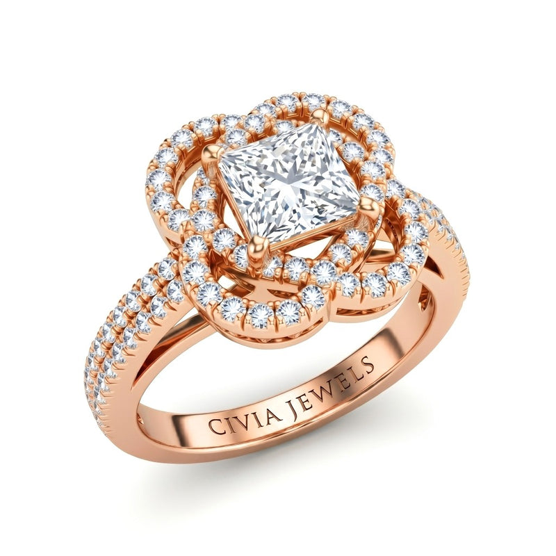 Rose Gold Princess Diamond Halo Engagement Ring With Pavé Band