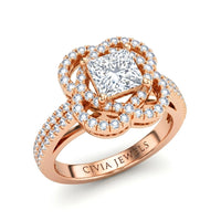 Rose Gold Princess Diamond Halo Engagement Ring With Pavé Band