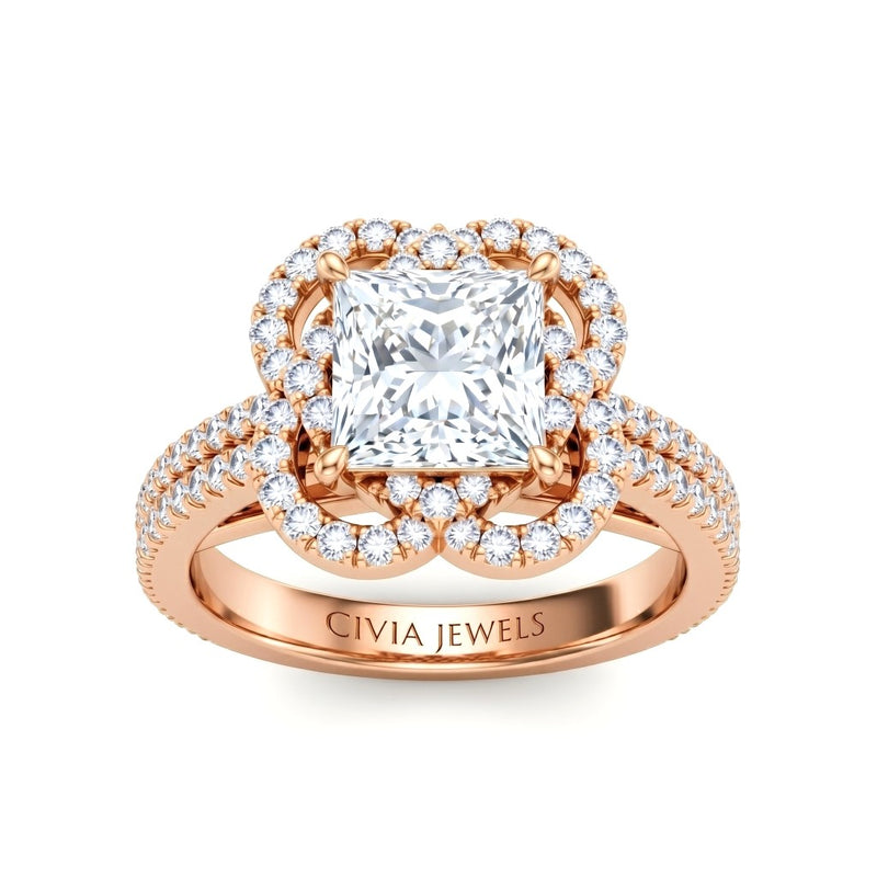 Rose Gold Princess Diamond Halo Engagement Ring With Pavé Band