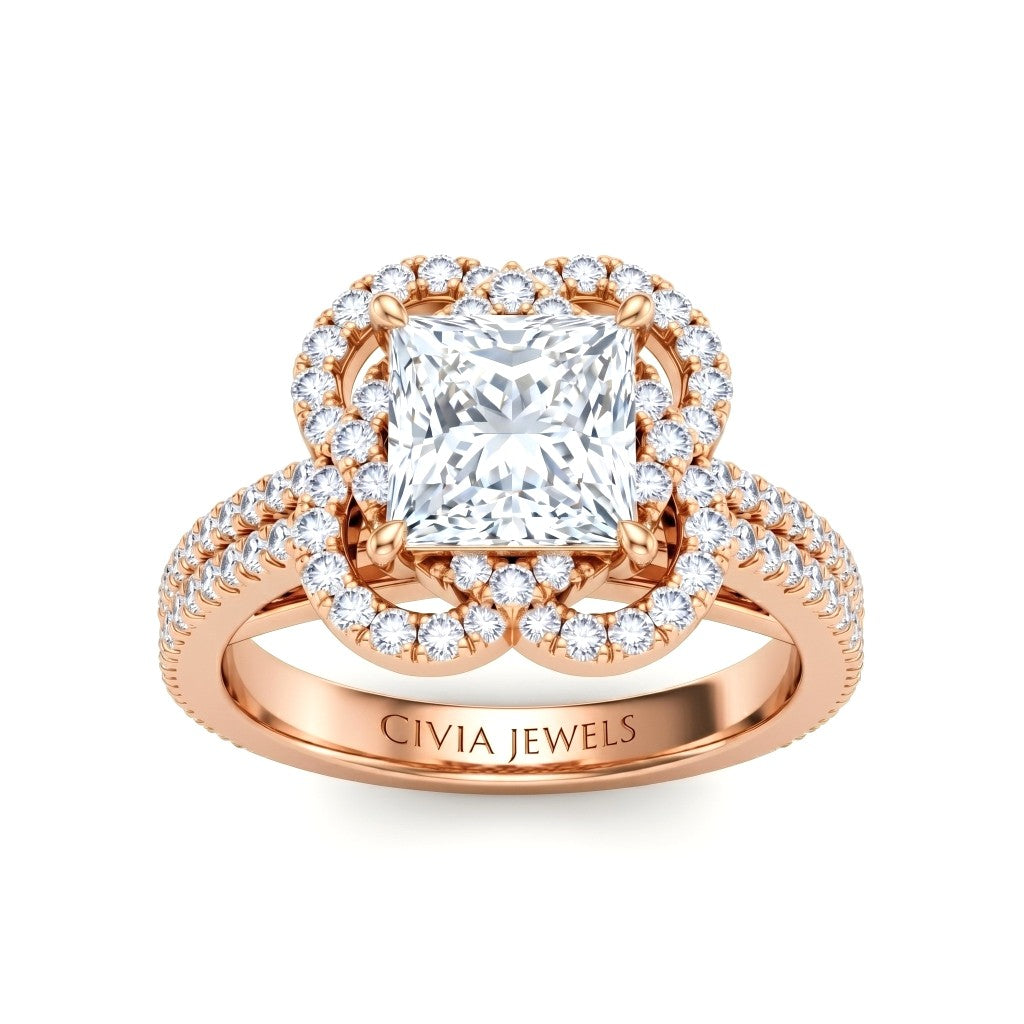 Rose Gold Princess Diamond Halo Engagement Ring With Pavé Band
