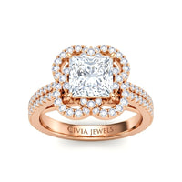Rose Gold Princess Diamond Halo Engagement Ring With Pavé Band