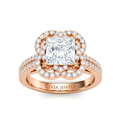Rose Gold Princess Diamond Halo Engagement Ring With Pavé Band