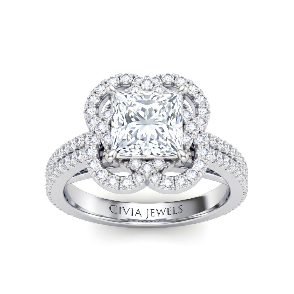 White Gold Princess Diamond Halo Engagement Ring With Pavé Band