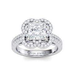 White Gold Princess Diamond Halo Engagement Ring With Pavé Band