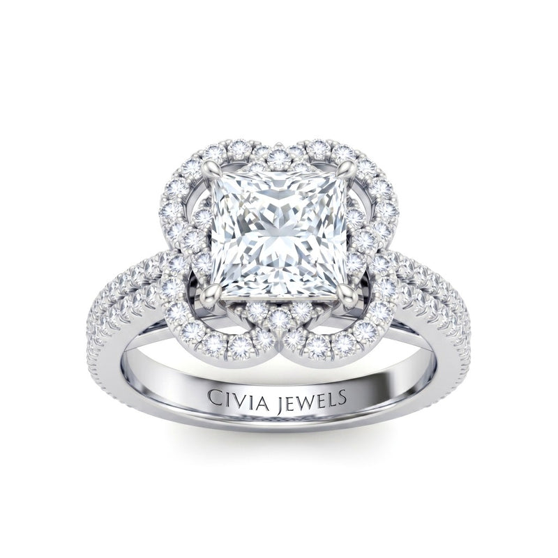Silver Princess Diamond Halo Engagement Ring With Pavé Band