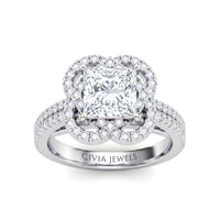 Silver Princess Diamond Halo Engagement Ring With Pavé Band