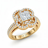 Yellow Gold Princess Diamond Halo Engagement Ring With Pavé Band