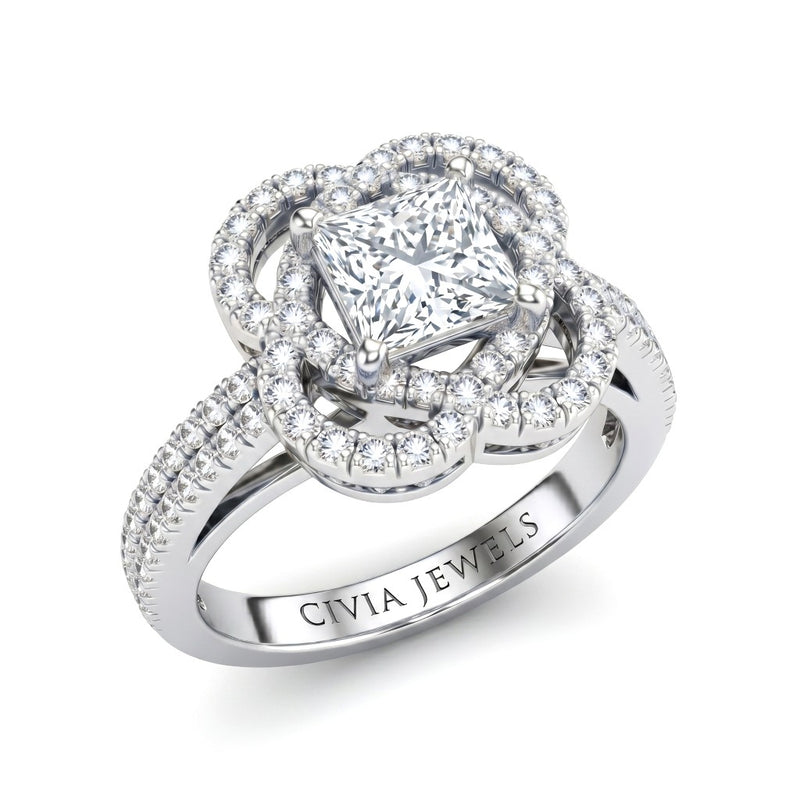 White Gold Princess Diamond Halo Engagement Ring With Pavé Band