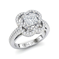 Silver Princess Diamond Halo Engagement Ring With Pavé Band