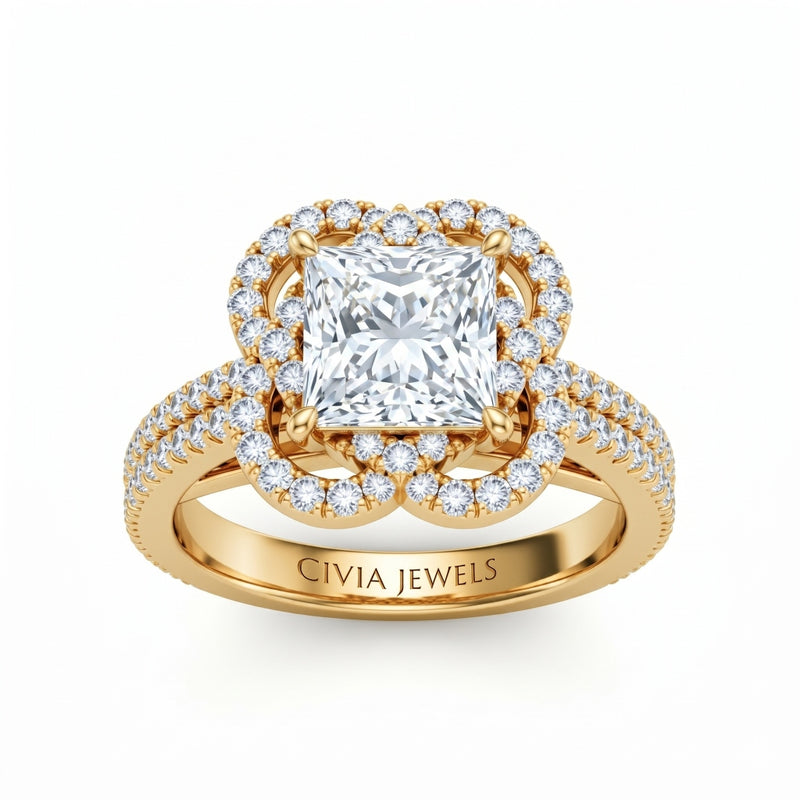 Yellow Gold Princess Diamond Halo Engagement Ring With Pavé Band