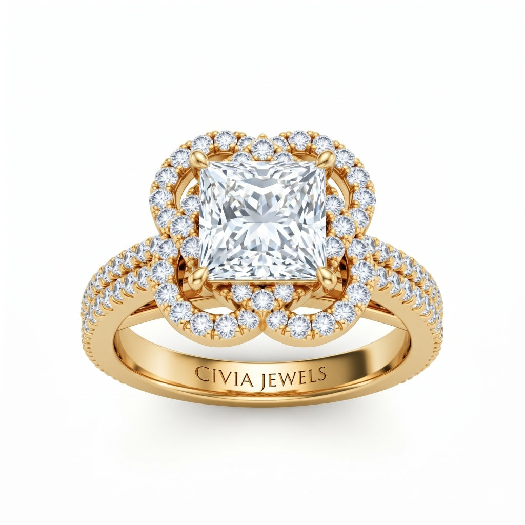 Yellow Gold Princess Diamond Halo Engagement Ring With Pavé Band