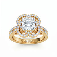 Yellow Gold Princess Diamond Halo Engagement Ring With Pavé Band