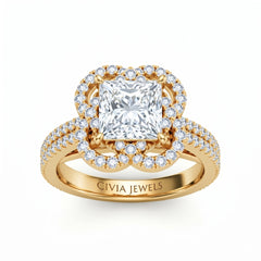 Yellow Gold Princess Diamond Halo Engagement Ring With Pavé Band