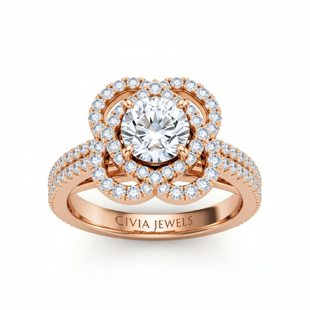 Rose Gold Round Diamond Halo Engagement Ring With Pavé Band