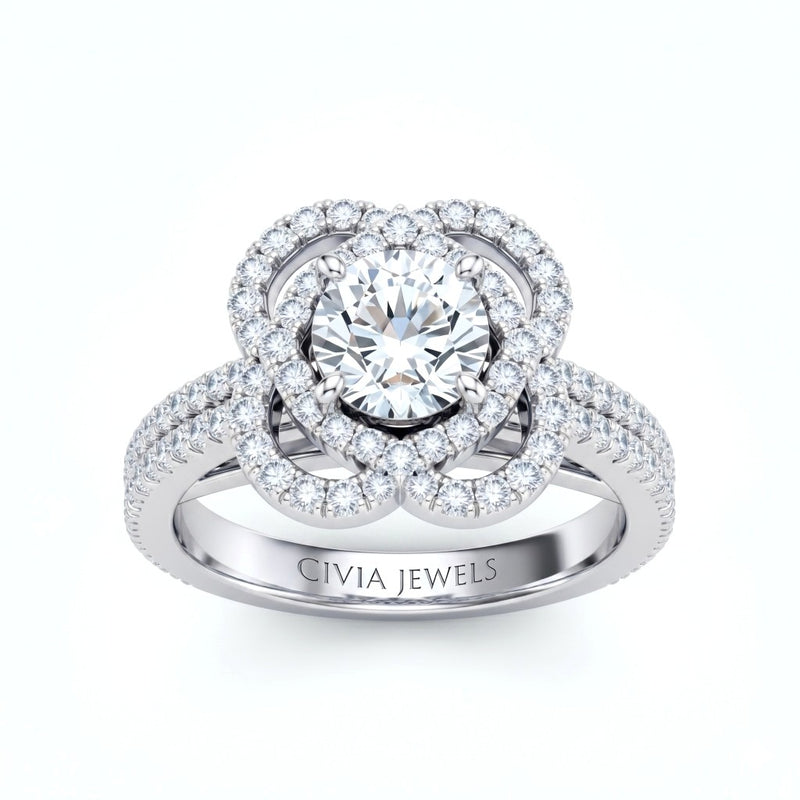 White Gold Round Diamond Halo Engagement Ring With Pavé Band