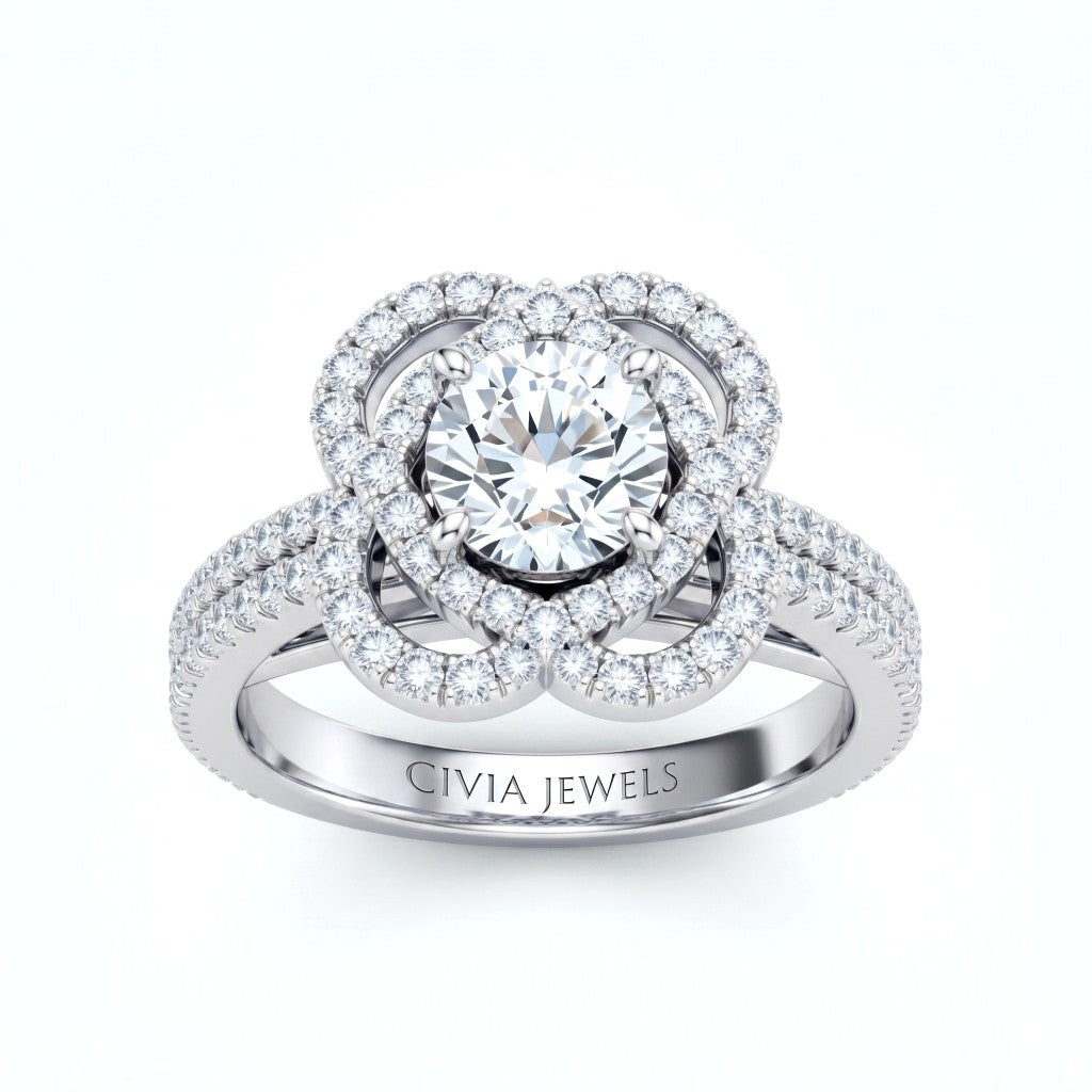 White Gold Round Diamond Halo Engagement Ring With Pavé Band