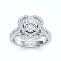 Silver Round Diamond Halo Engagement Ring With Pavé Band