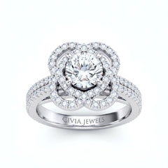 Silver Round Diamond Halo Engagement Ring With Pavé Band