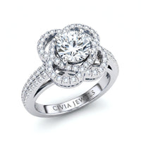 Silver Round Diamond Halo Engagement Ring With Pavé Band