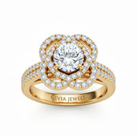 Yellow Gold Round Diamond Halo Engagement Ring With Pavé Band