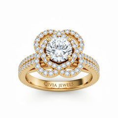 Yellow Gold Round Diamond Halo Engagement Ring With Pavé Band
