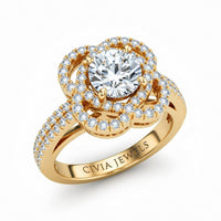 Yellow Gold Round Diamond Halo Engagement Ring With Pavé Band