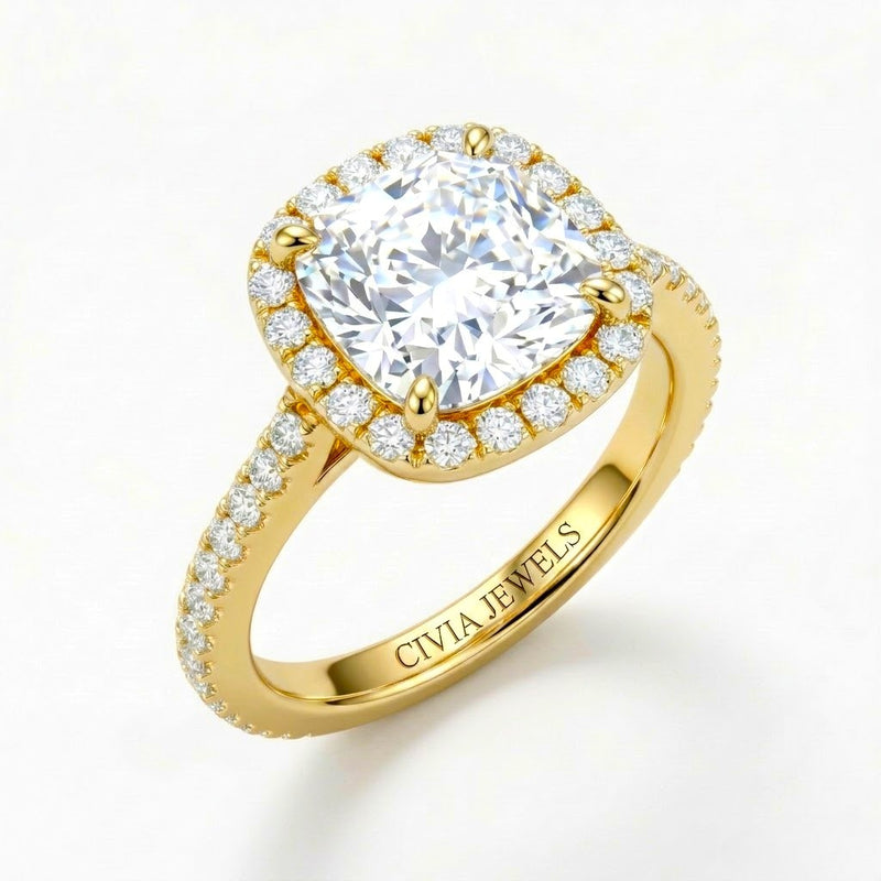 Yellow Gold Cushion Diamond Halo Engagement Ring With Pavé Band Design