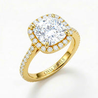 Yellow Gold Cushion Diamond Halo Engagement Ring With Pavé Band Design
