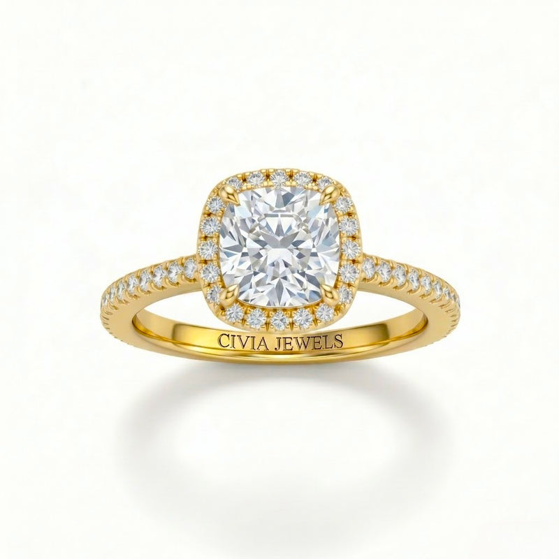 Yellow Gold Cushion Diamond Halo Engagement Ring With Pavé Band Design