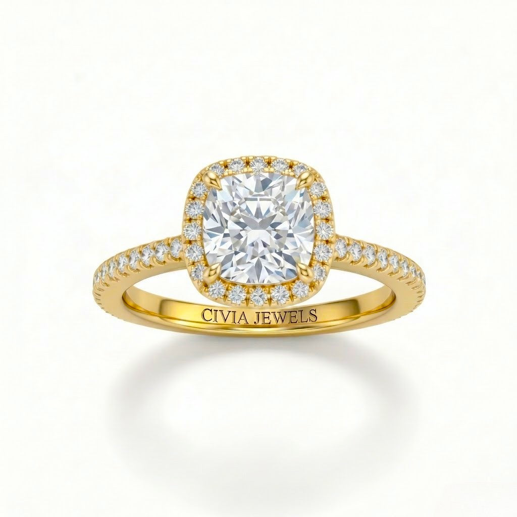 Yellow Gold Cushion Diamond Halo Engagement Ring With Pavé Band Design