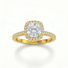 Yellow Gold Cushion Diamond Halo Engagement Ring With Pavé Band Design