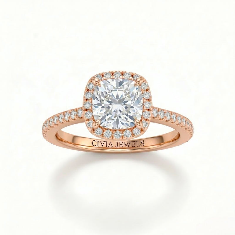 Rose Gold Cushion Diamond Halo Engagement Ring With Pavé Band Design