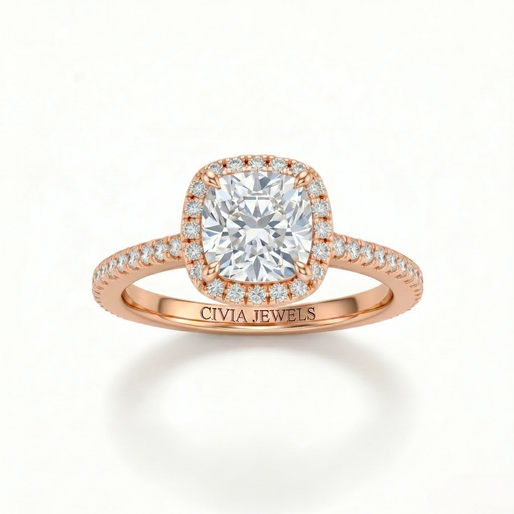 Rose Gold Cushion Diamond Halo Engagement Ring With Pavé Band Design