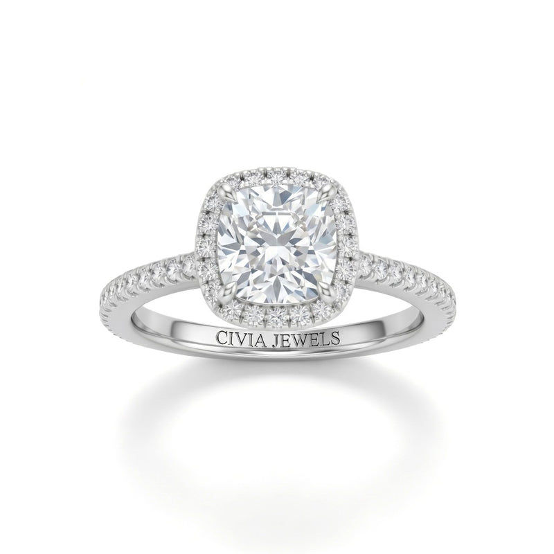 Silver Cushion Diamond Halo Engagement Ring With Pavé Band Design