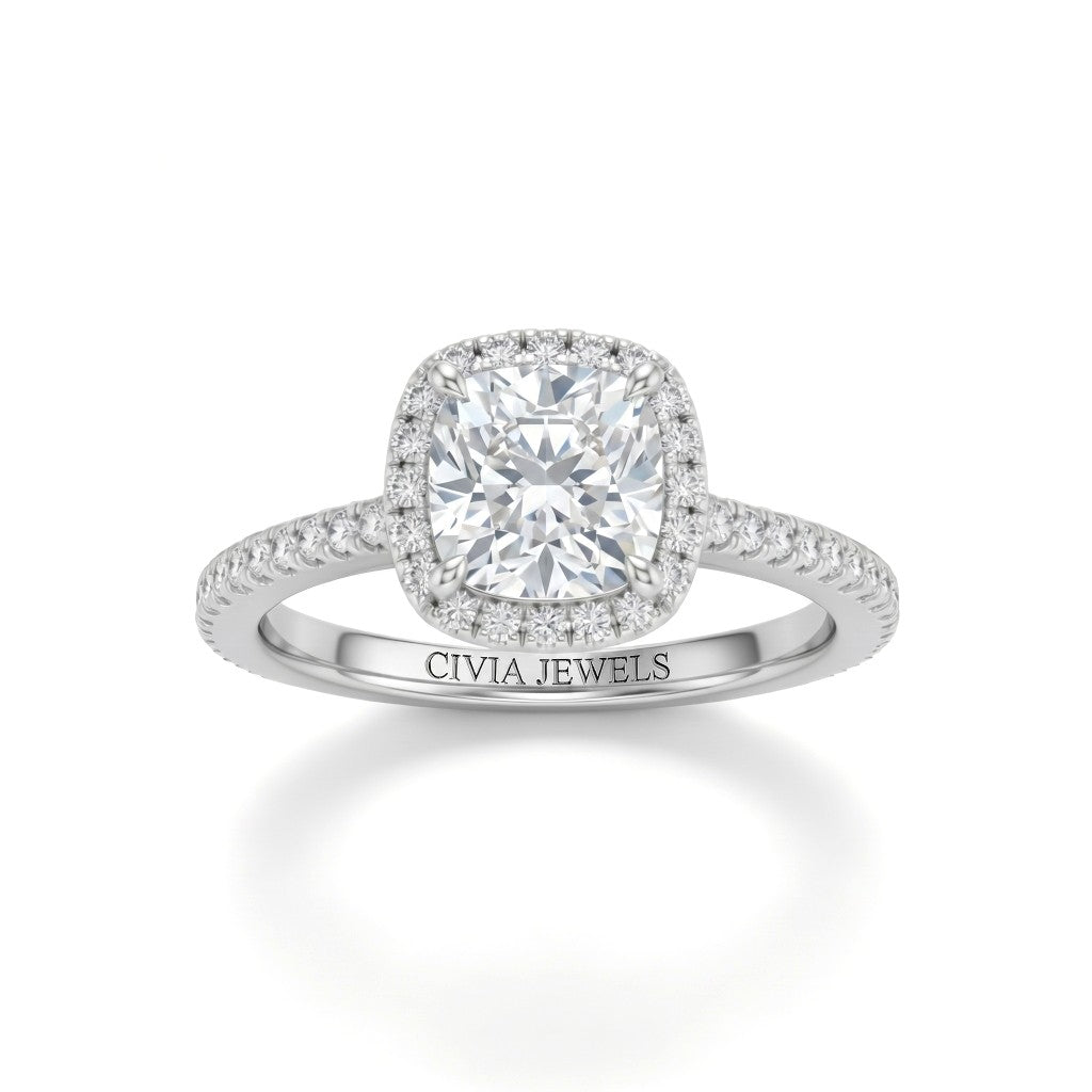 Silver Cushion Diamond Halo Engagement Ring With Pavé Band Design