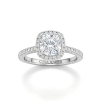 Silver Cushion Diamond Halo Engagement Ring With Pavé Band Design