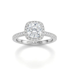 Silver Cushion Diamond Halo Engagement Ring With Pavé Band Design
