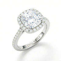 White Gold Cushion Diamond Halo Engagement Ring With Pavé Band Design