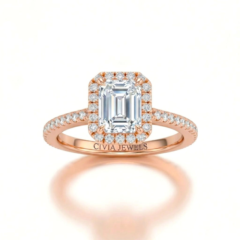 Rose Gold Emerald Diamond Halo Engagement Ring With Pavé Band Design