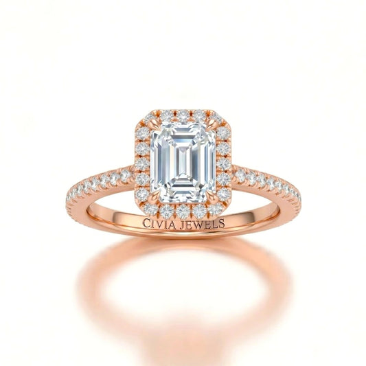 Rose Gold Emerald Diamond Halo Engagement Ring With Pavé Band Design