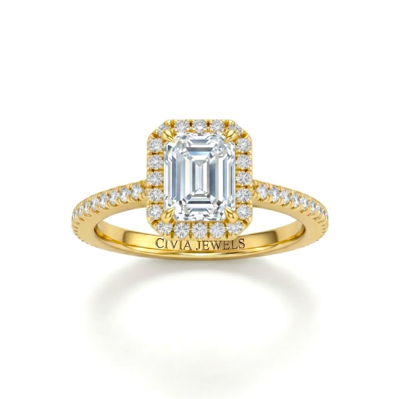 Yellow Gold Emerald Diamond Halo Engagement Ring With Pavé Band Design