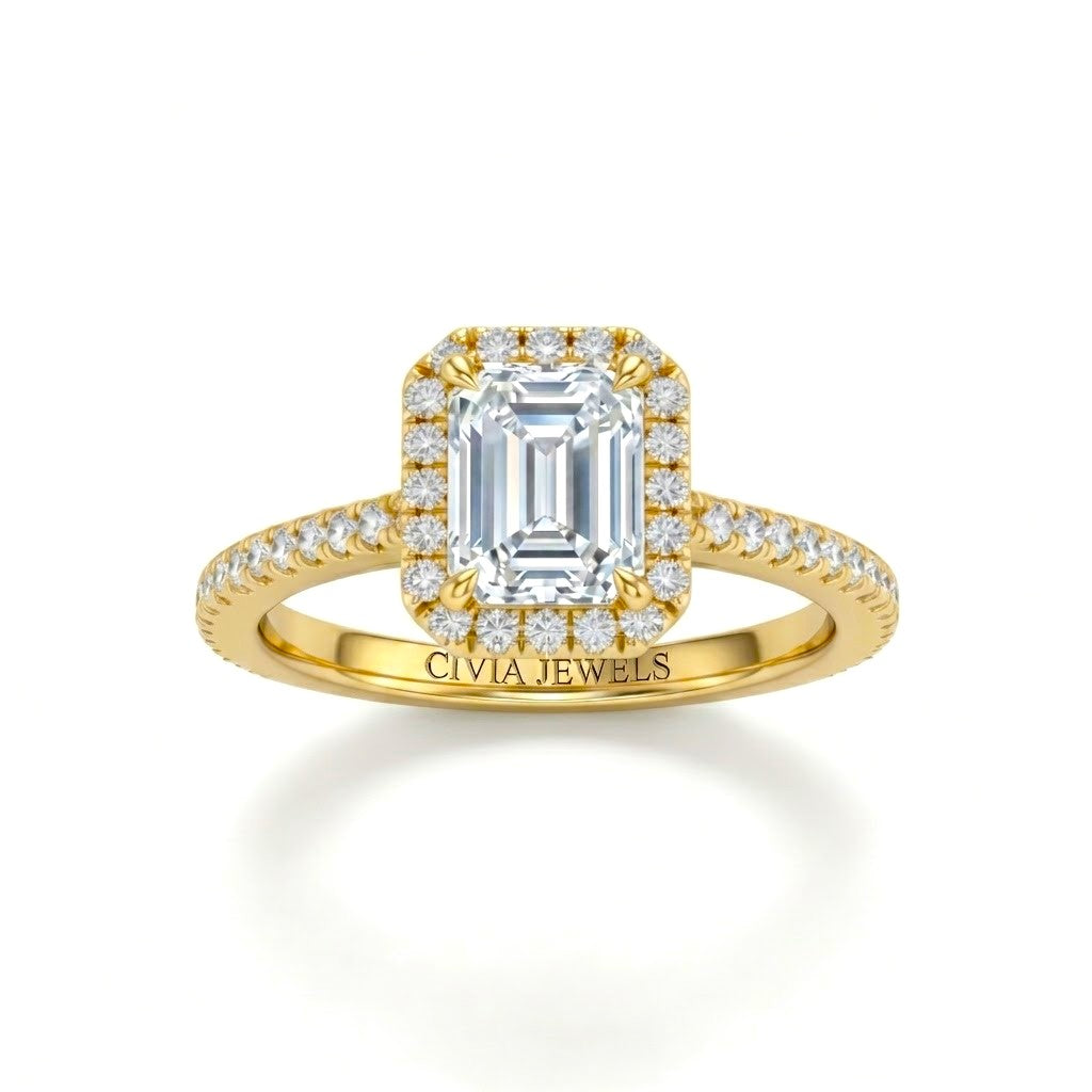 Yellow Gold Emerald Diamond Halo Engagement Ring With Pavé Band Design