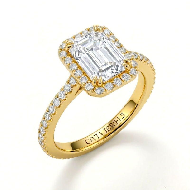 Yellow Gold Emerald Diamond Halo Engagement Ring With Pavé Band Design