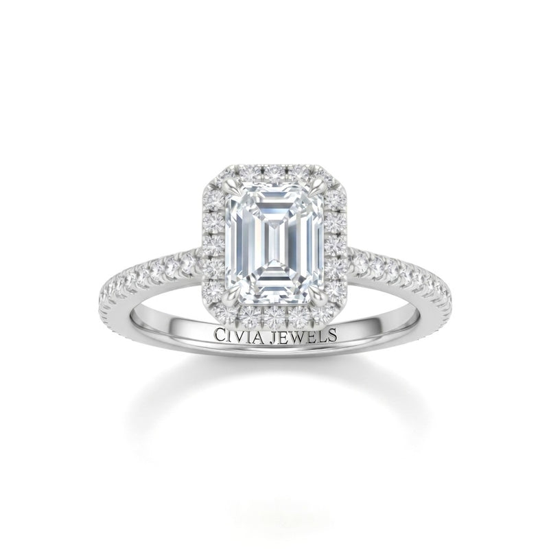 White Gold Emerald Diamond Halo Engagement Ring With Pavé Band Design
