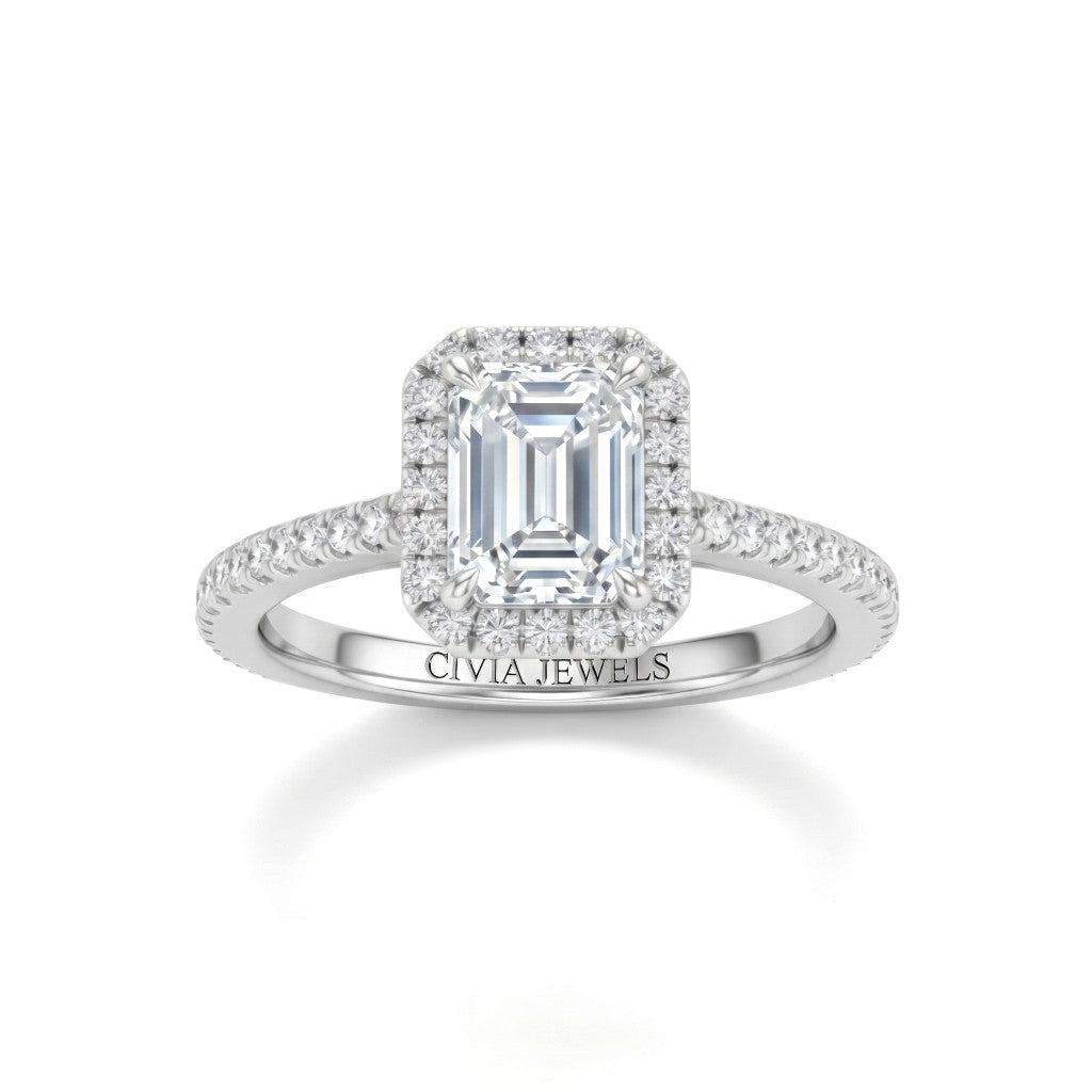 Silver Emerald Diamond Halo Engagement Ring With Pavé Band Design