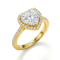 Yellow Gold Heart Diamond Halo Engagement Ring With Pavé Band Design