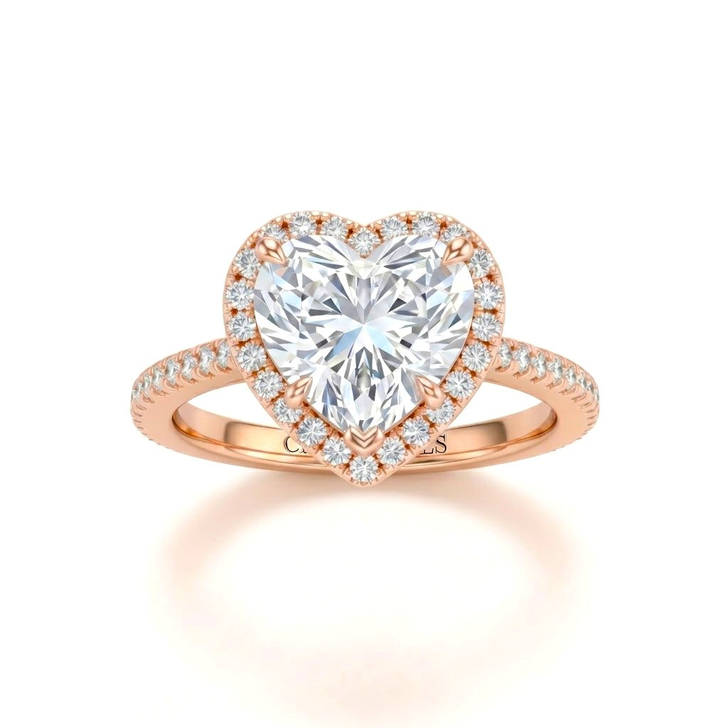 Rose Gold Heart Diamond Halo Engagement Ring With Pavé Band Design