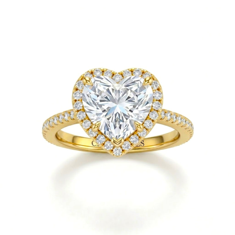 Yellow Gold Heart Diamond Halo Engagement Ring With Pavé Band Design